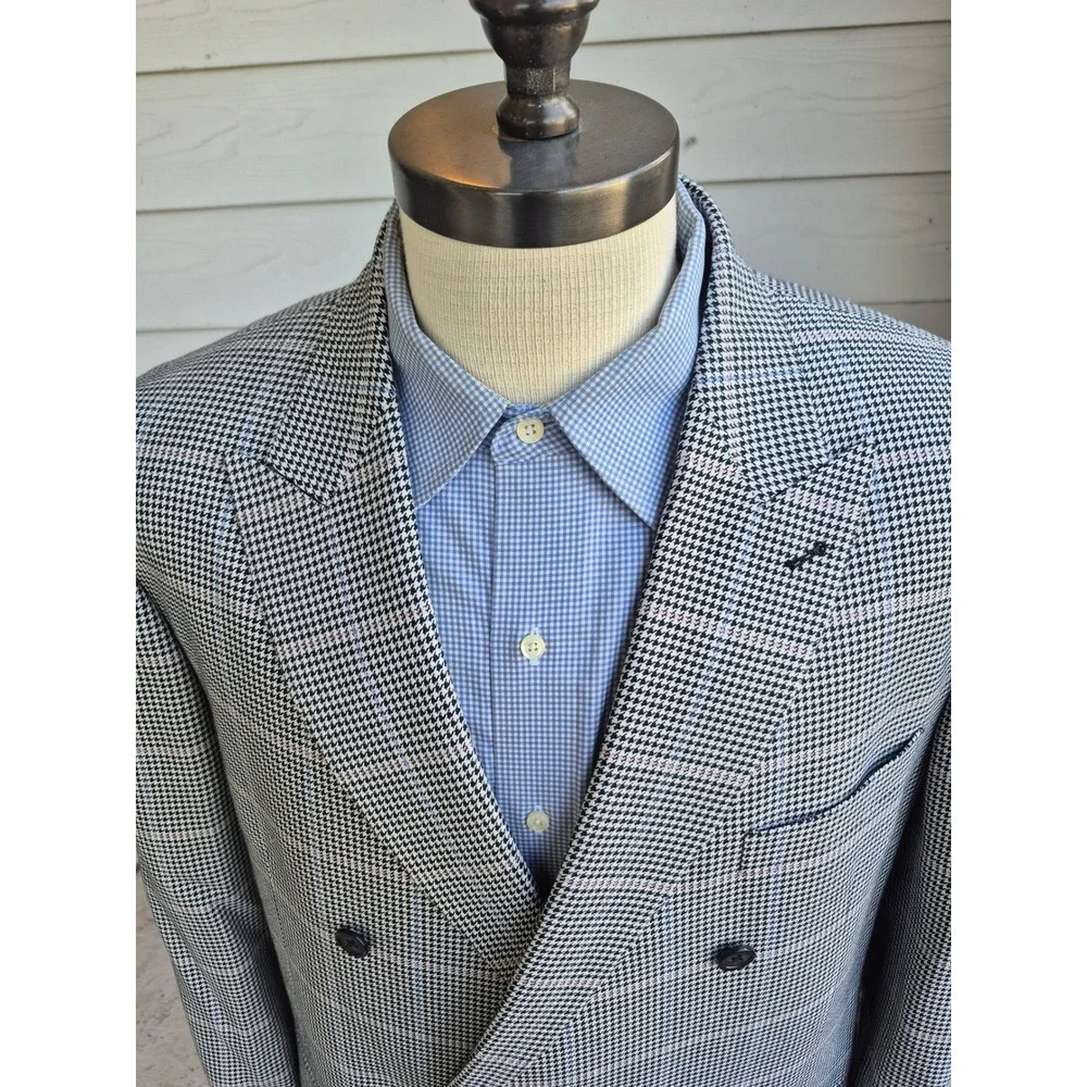 Paul Fredrick Mens 48L Double Breasted Blazer Houndstooth Silk Wool Sport Coat